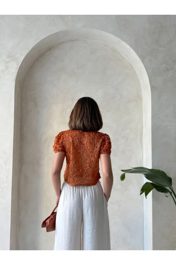 Topshow Kiremit Organze Üstü Süzüneli Toptan Bluz