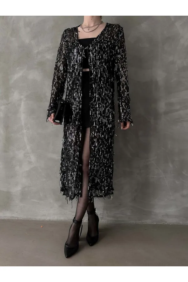 Uzun Toptan Hırka - Siyah Gümüş | TOPSHOW | F1618