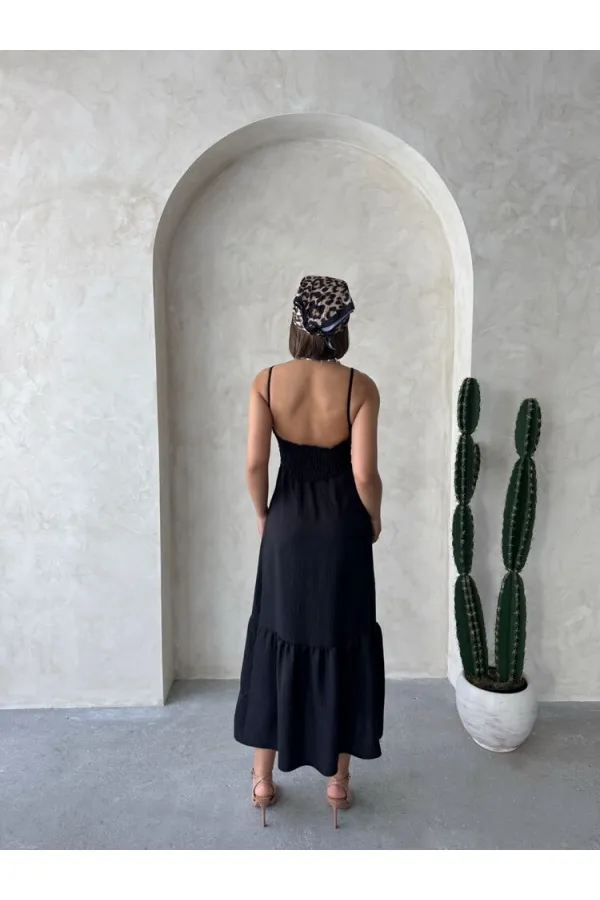 Robe longue Topshow en lin noir à bretelles et col en V, vente en gros