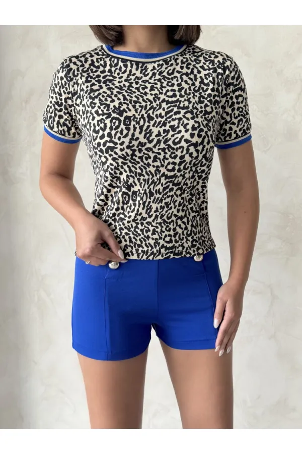 T-shirt à col rond Léopard Saxe | Topshow