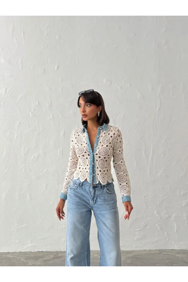 Dantel Detaylı İnci Düğmeli Uzun Kollu Kadın Toptan Gömlek-  Ham Mavi -Topshow | Topshow | F1945