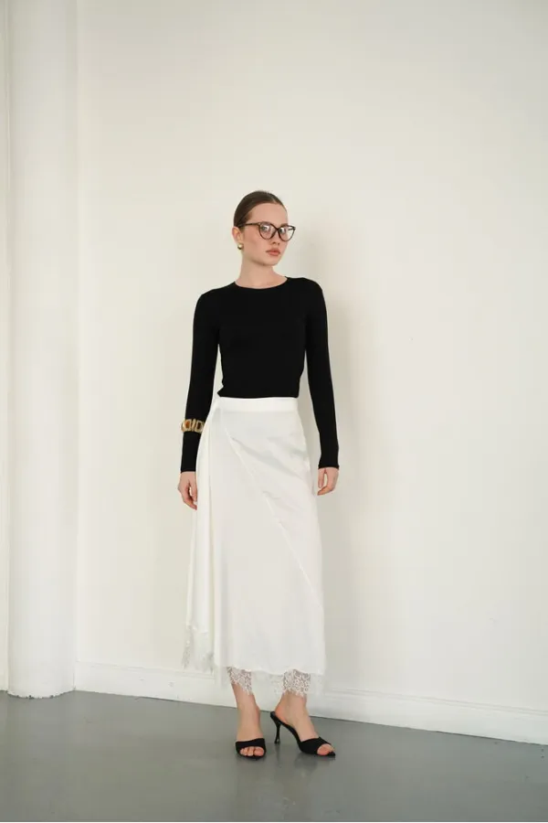 Dantel Detaylı Saten Toptan Etek - Krem | D2930 - Topshow