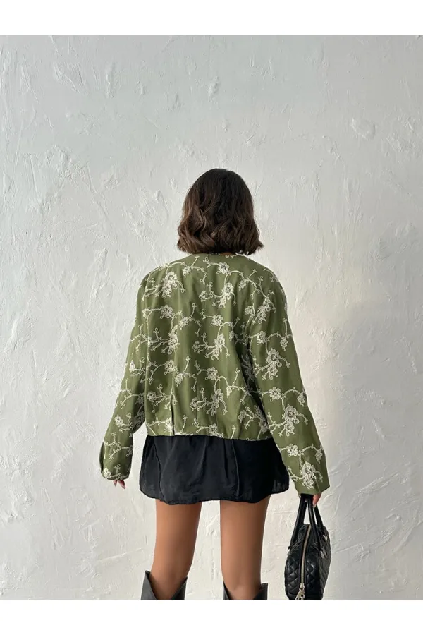 Çiçek Nakışlı Fermuarlı Ceket - Haki | Topshow | F1948