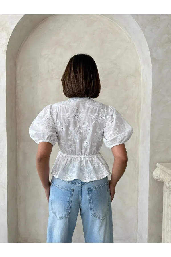 Front-Tie Embroidered Voile Blouse - Cream Topshow