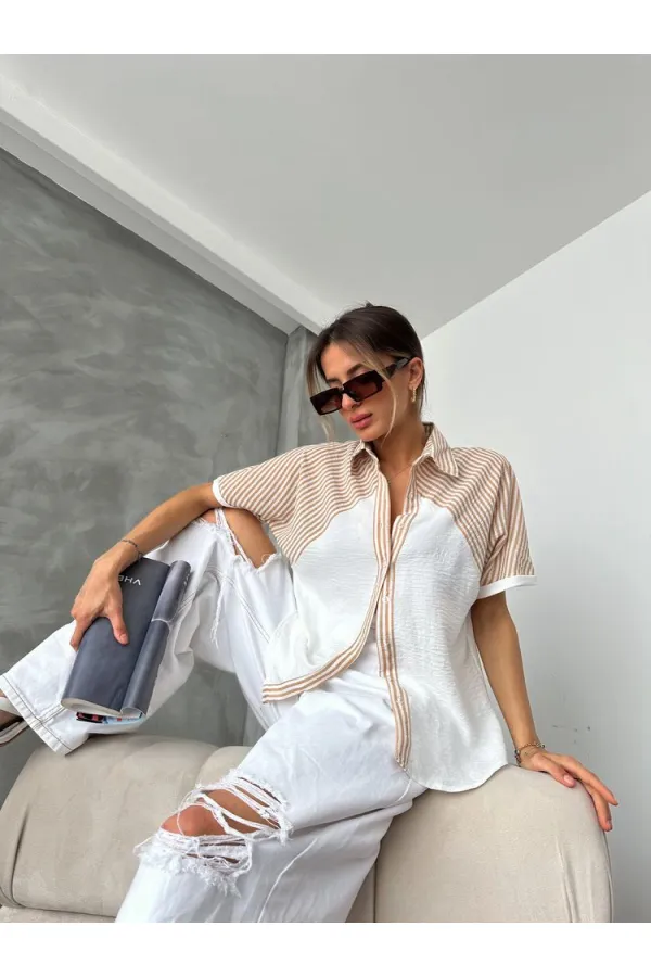 Topshow Stone Line Detailed Low Sleeve Wholesale Shirt