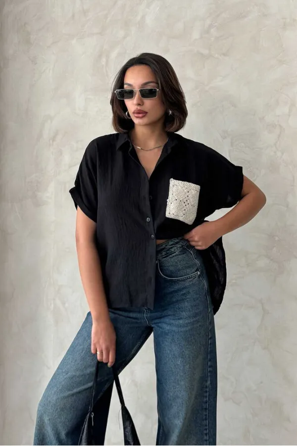 Chemise en lin noir brut Topshow avec poche appliquée et poche appliquée - Vente en gros