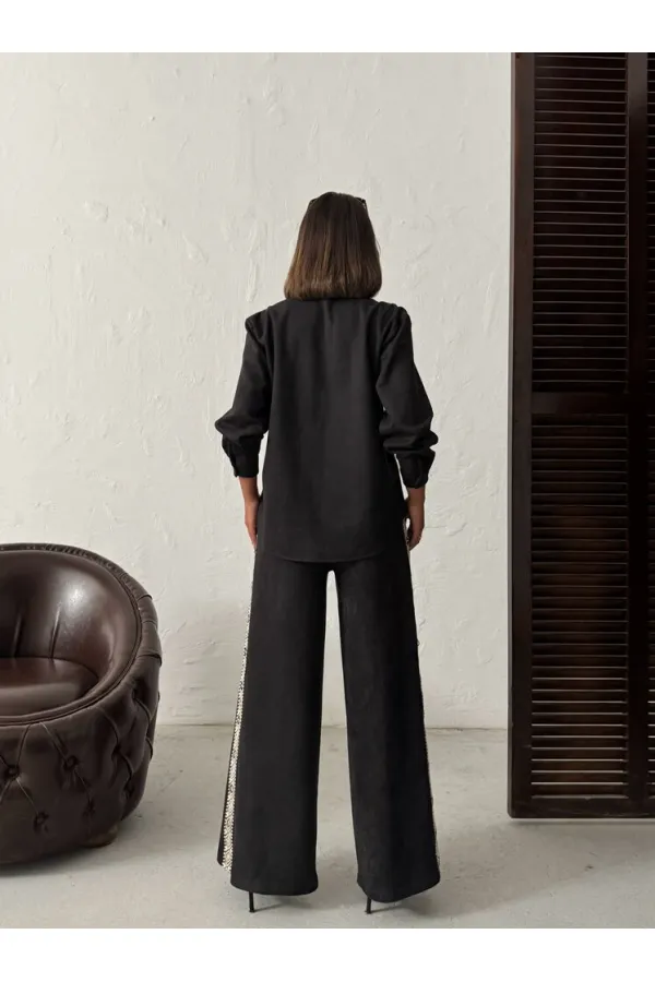 Topshow Şerit Detaylı Scuba Süet Pantolon - Siyah | F1973