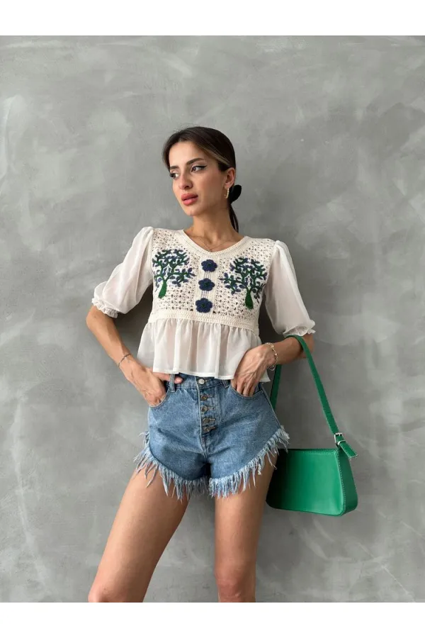 Topshow Stone Saxe Embroidered Wholesale Blouse