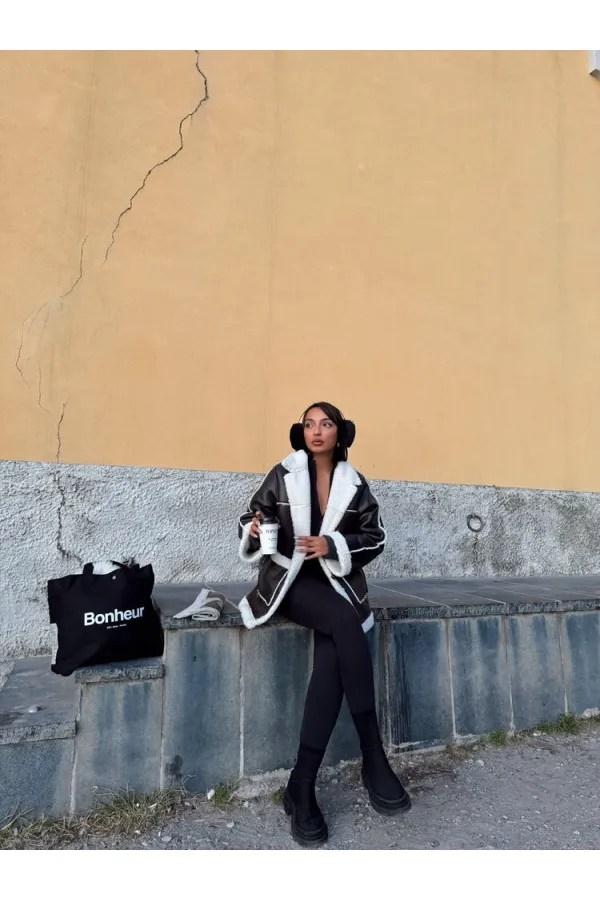 Deri Kürklü Toptan Mont - Siyah Krem | TOPSHOW | F1537