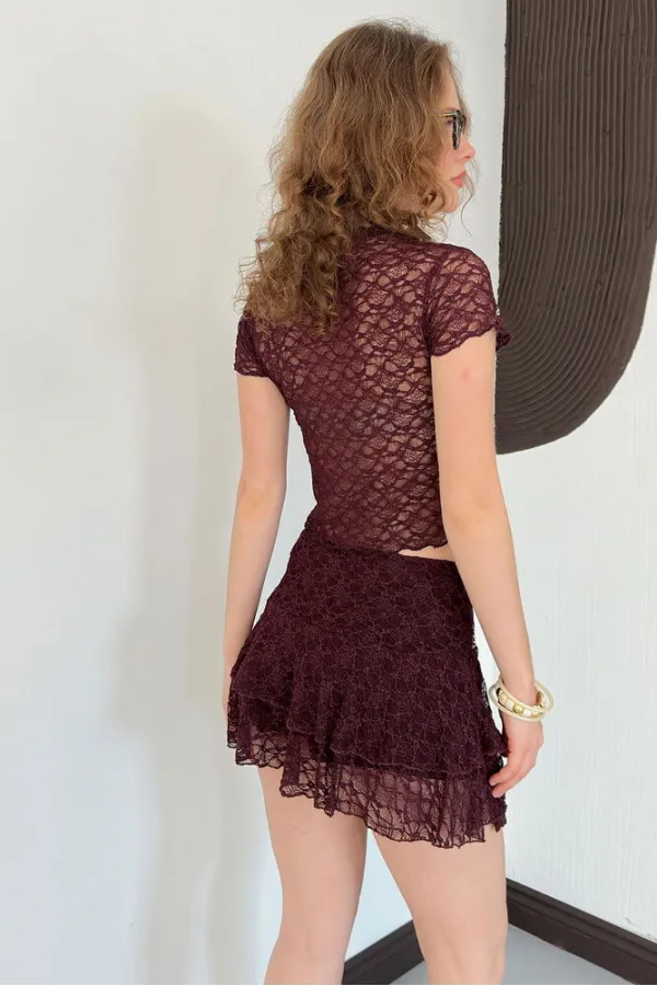 D 2996 EMBELLISHED LACE SKIRT - BROWN D 2996 EMBELLISHED LACE SKIRT - BROWN