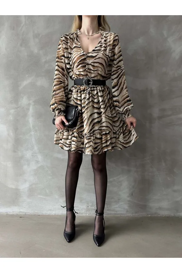 Leopar Çizgili Toptan Elbise - Taş | TOPSHOW | F1591