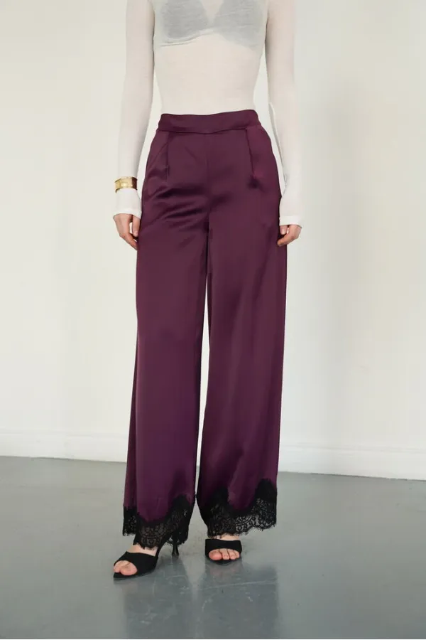 Wholesale Satin Trousers with Lace Hem - Plum | D2969 - Topshow
