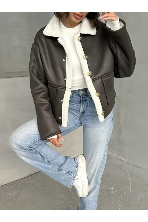 Manteau à col en fourrure nubuck en gros - Crème kaki | TOPSHOW | F1553