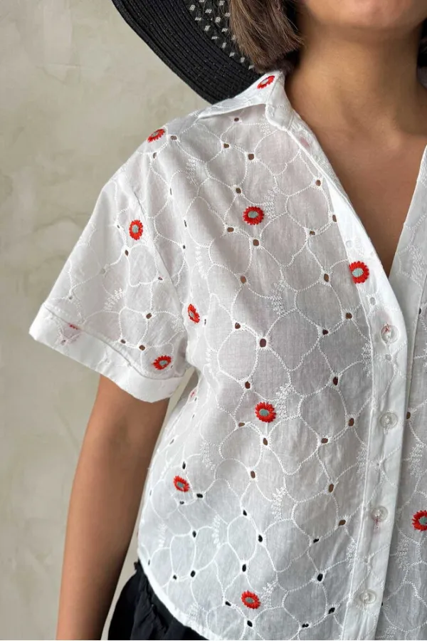 Nakışlı Brode Toptan Gömlek - Kırmızı Dsn1 | Topshow