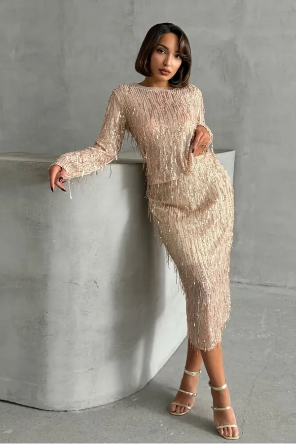 Tüy Pullu Toptan Etek - Taş Gold | TOPSHOW | F1621