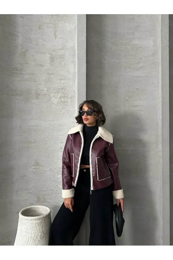 Veste en cuir zippée en gros - Rouge bordeaux crème | TOPSHOW | F1511