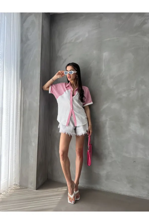 Topshow Fuchsia Stripe Detailed Low Sleeve Wholesale Shirt