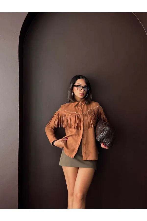 Chemise Topshow à franges en daim scuba - Beige | F2029