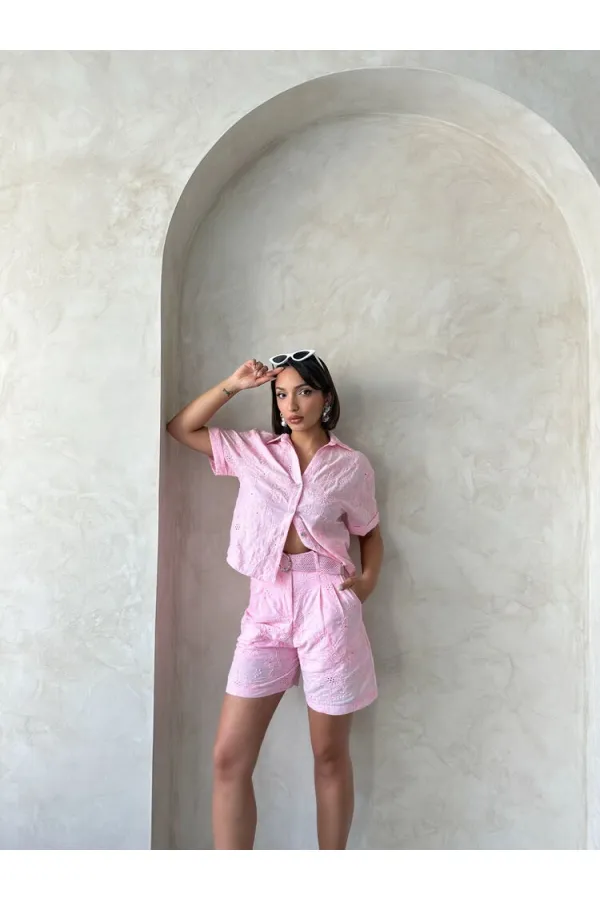 Nakışlı Vual Gömlek - Pembe Topshow