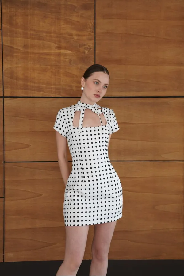 Puantiyeli Saten Toptan Elbise - Krem | D2978 - Topshow