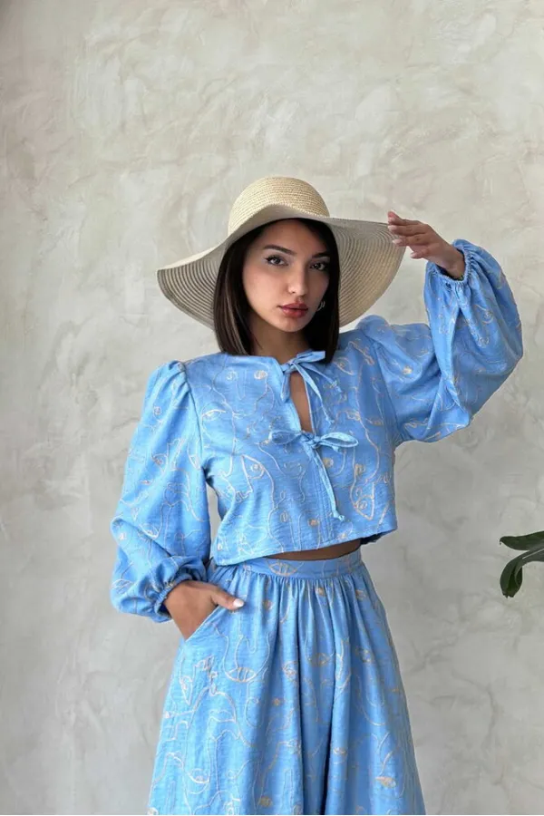 Embroidered Front Tie Wholesale Blouse - Light Blue | Topshow | F1902