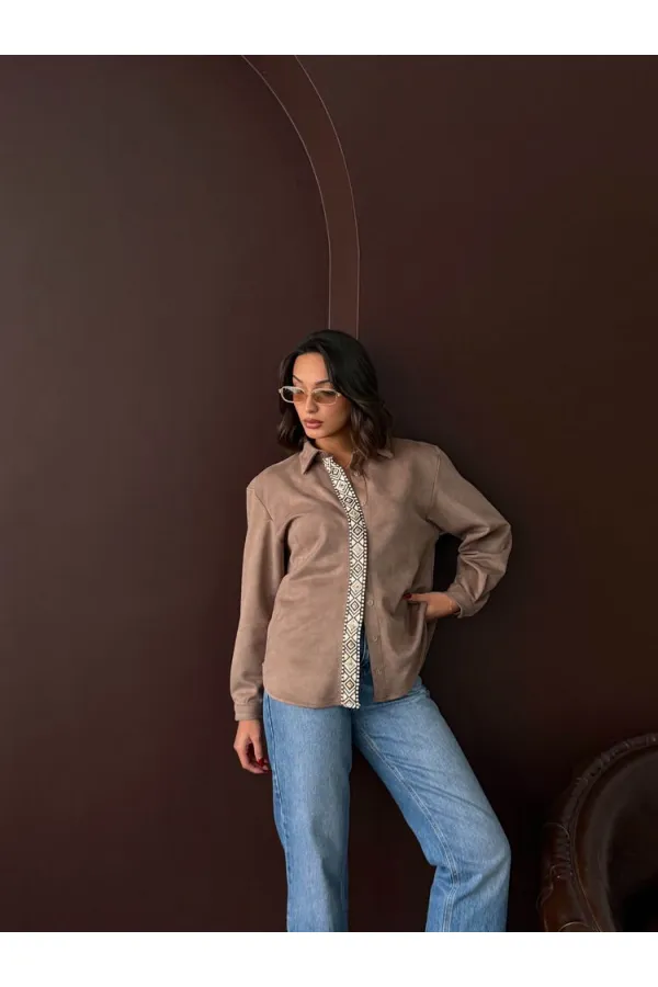 Chemise Topshow rayée en daim scuba (vente en gros) - Marron clair | F1973