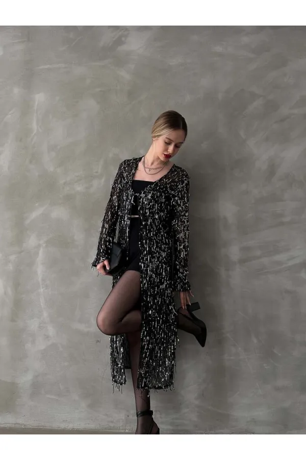 Uzun Toptan Hırka - Siyah Gümüş | TOPSHOW | F1618