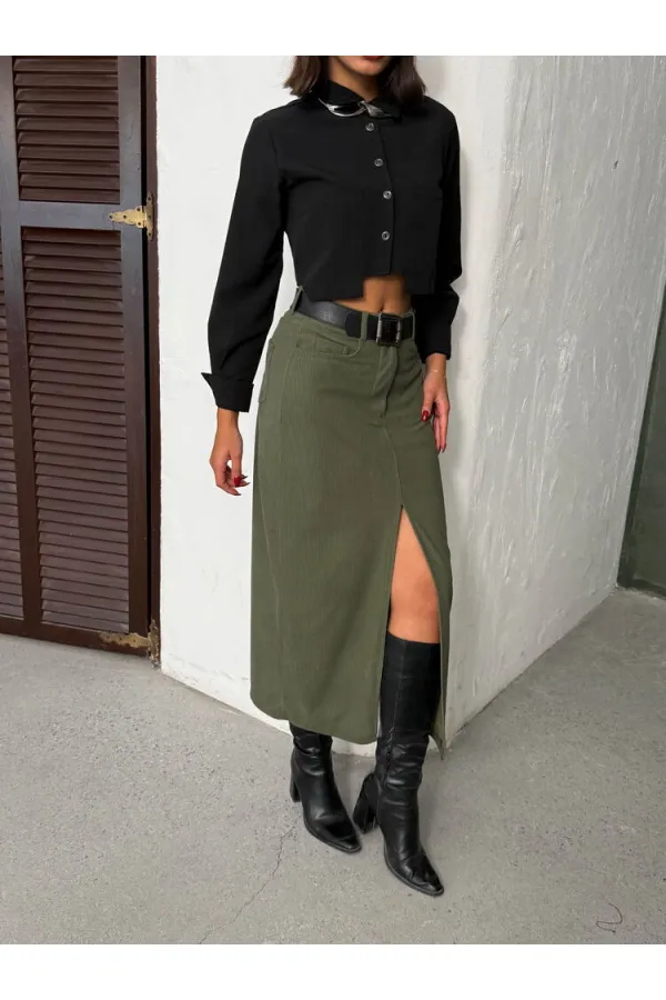 Jupe en velours côtelé Topshow en gros - Kaki | F2033