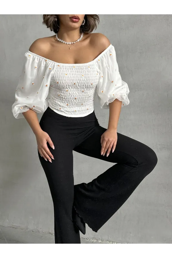 Gipeli Papatya Desenli Toptan Bluz - Krem | TOPSHOW | F0988