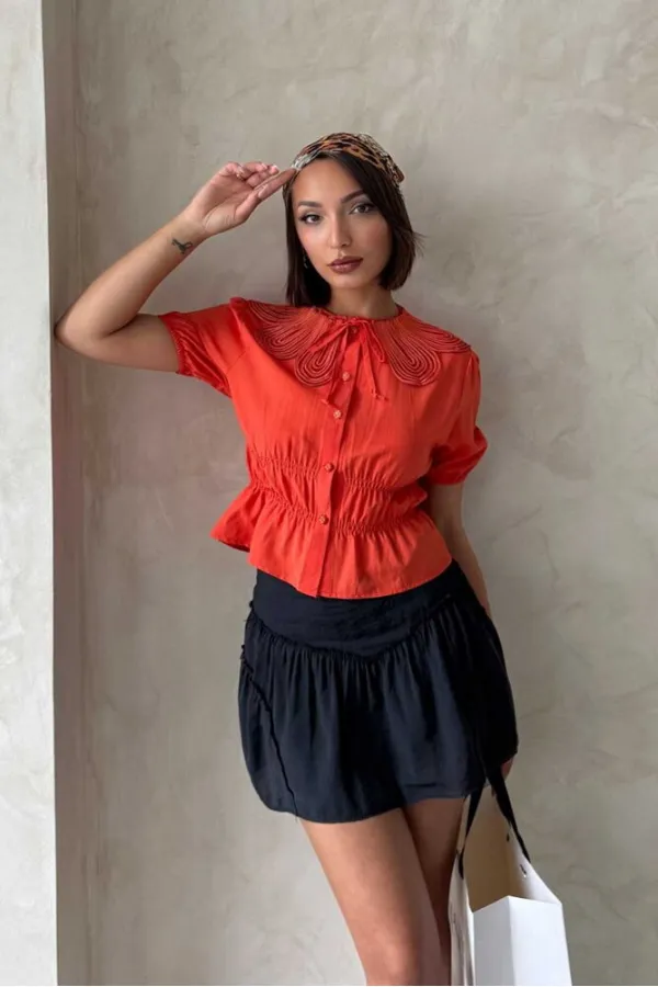 Gathered Shirt with Collar Detail - Orange | Topshow