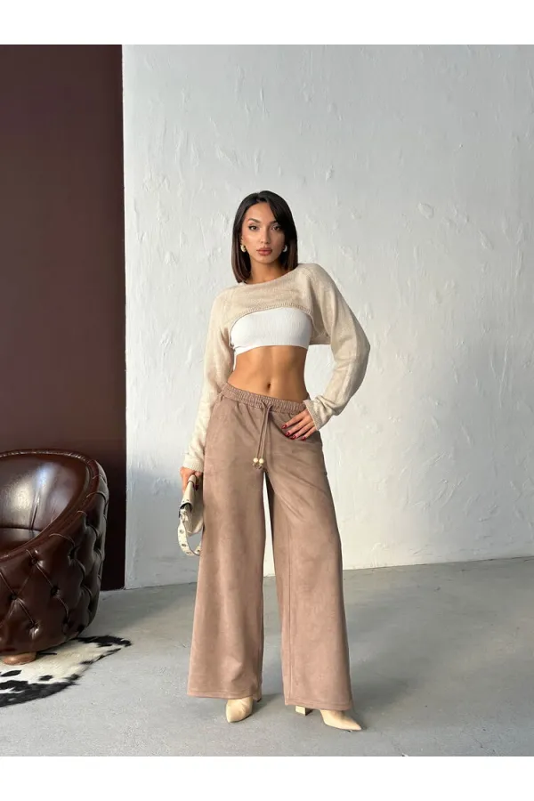 Pantalon Topshow en daim scuba à rayures - Marron clair | F1972