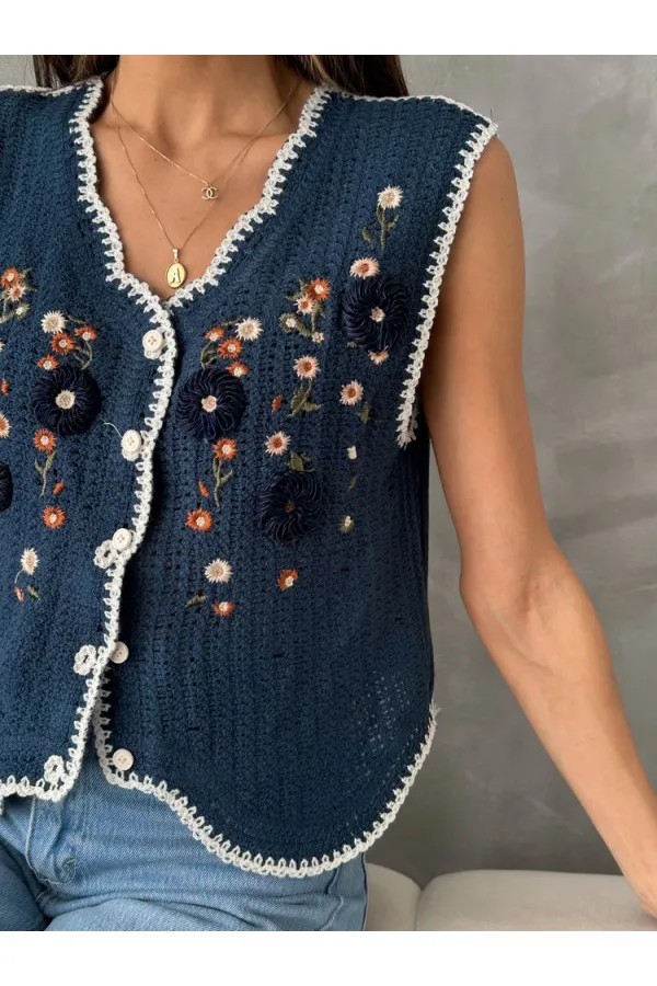 Topshow Lacivert Nakışlı Toptan Yelek