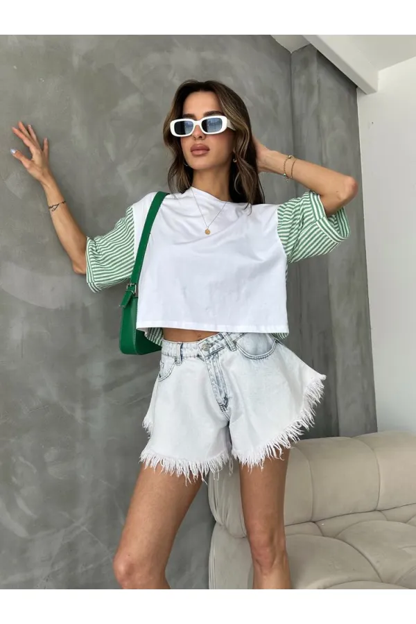 T-shirt à manches en popeline rayée émeraude Topshow en gros