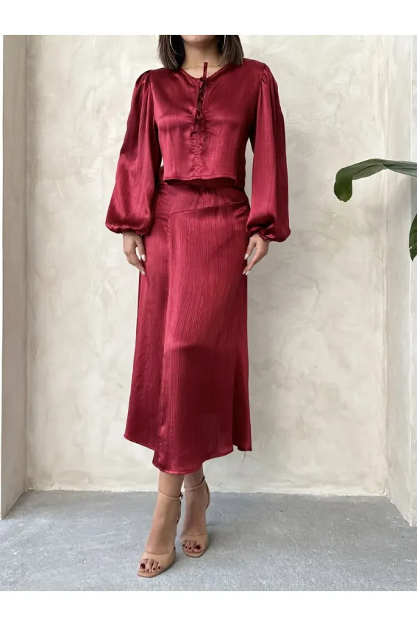 Kraşlı Saten Toptan Etek - Bordo | Topshow | F1915