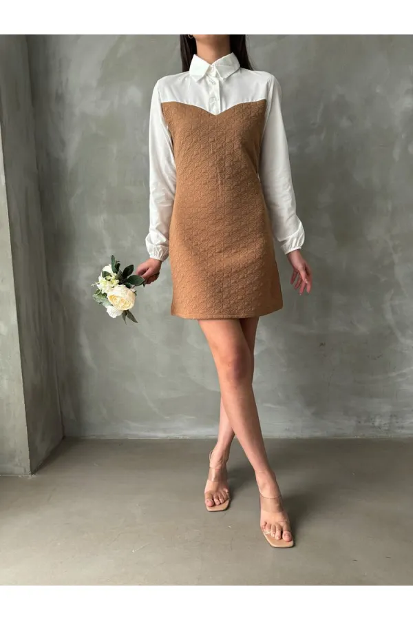 Knee-Length Wholesale Dress with Poplin Sleeves and Chest - Camel | TOPSHOW | F1139