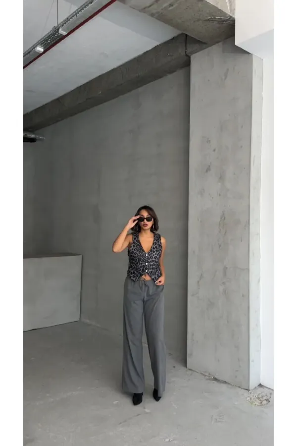 Kaşe Toptan Yelek - Gri Leopar | TOPSHOW | F1824