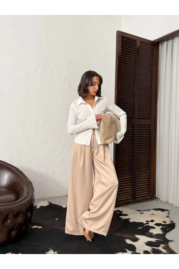 Yüksek Bel Bol Paça Saten Pantolon – Şık Ve Rahat Tasarım - Taş | F2052