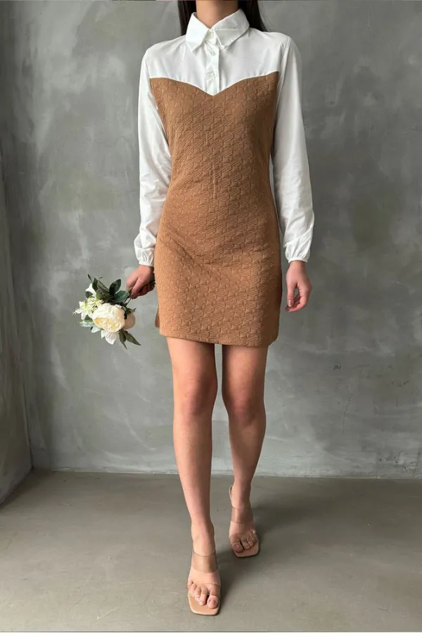 Knee-Length Wholesale Dress with Poplin Sleeves and Chest - Camel | TOPSHOW | F1139