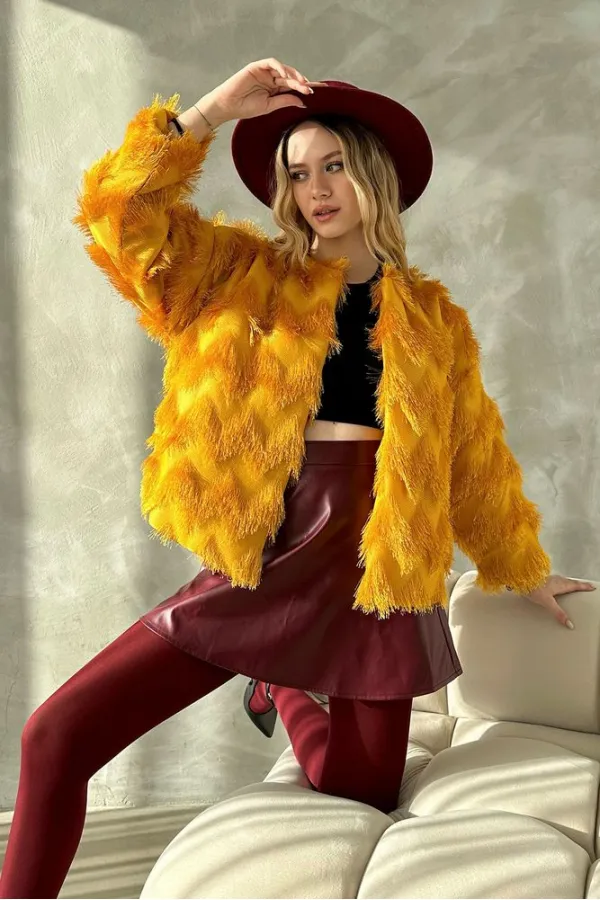 Faux Fur Wholesale Jacket - Mustard | TOPSHOW | F1640