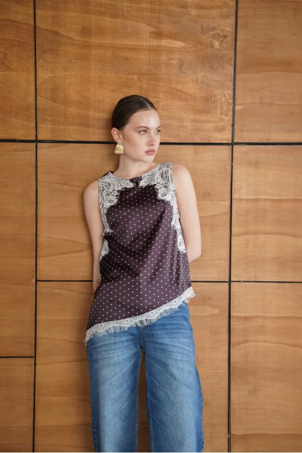 Lace Detail Polka Dot Satin T-Shirt - Coffee | D2961 - Topshow