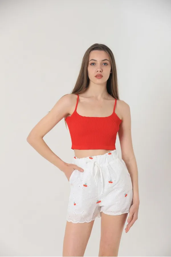 Topshow Kırmızı Çiçek Nakışlı Çepli Toptan Şort