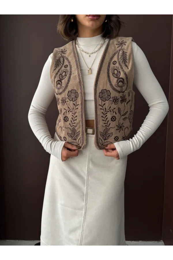 Topshow Embroidered Velvet Waistcoat - Mink | F2010