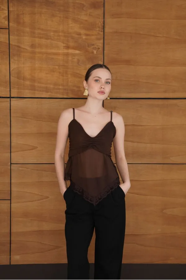 Askılı Dantel Detaylı Tül Toptan Bluz - Kahve | D2979 - Topshow