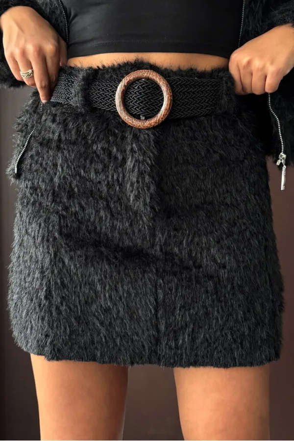 Topshow - Wholesale Faux Fur Look Mini Skirt - Black