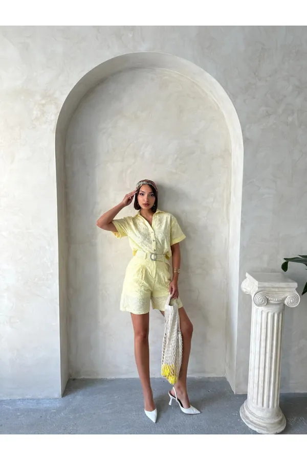 Nakışlı Vual Şort - Sarı Topshow