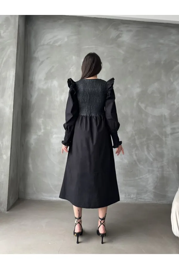 Topshow Black Body Leather Sleeve Wholesale Skirt Poplin Wholesale Dress | F0843