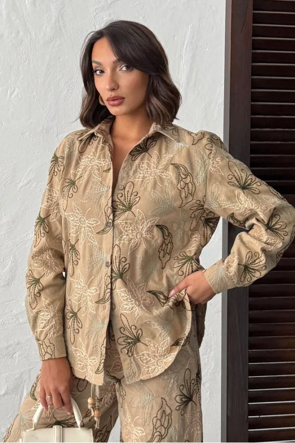 Topshow Embroidered Linen Wholesale Shirts - Coffee | F2009