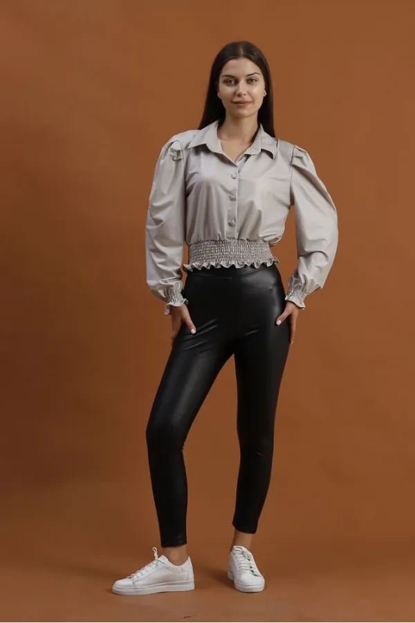 Faux Leather Evening Dress Wholesale Blouse - Stone | TOPSHOW | F1170