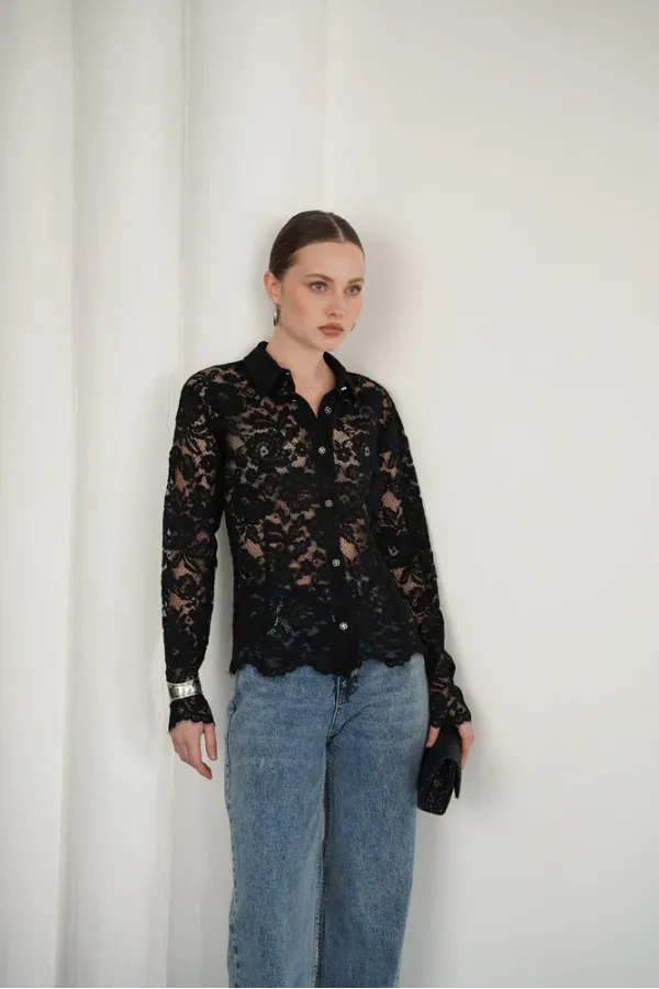 Chemises en dentelle brodée en gros - Noires | F2081 - Topshow