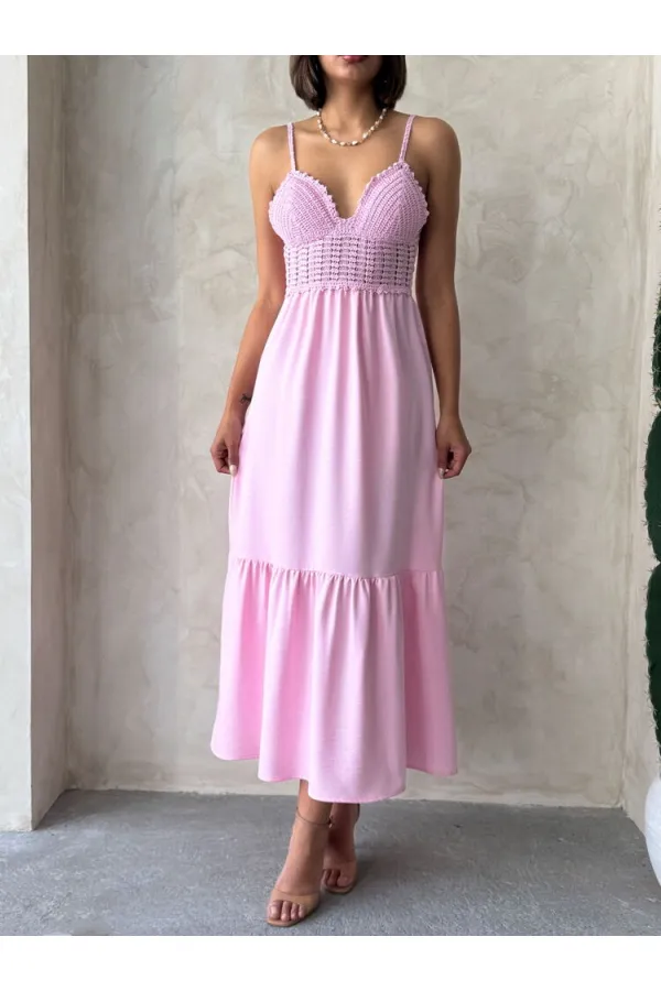 Robe longue en lin à bretelles et col en V - Rose | Topshow